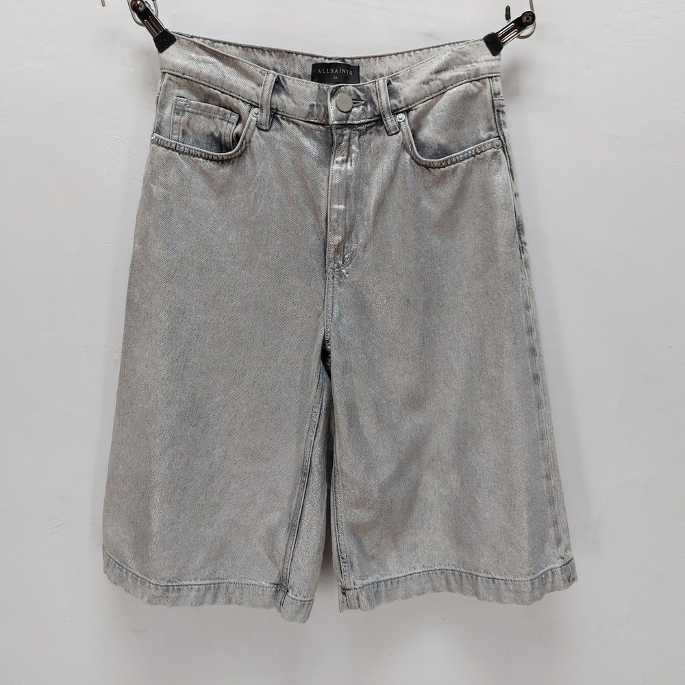 AllSaints Louie Long Shorts Women's 26 Silver Metallic Foil Denim Bermuda Street